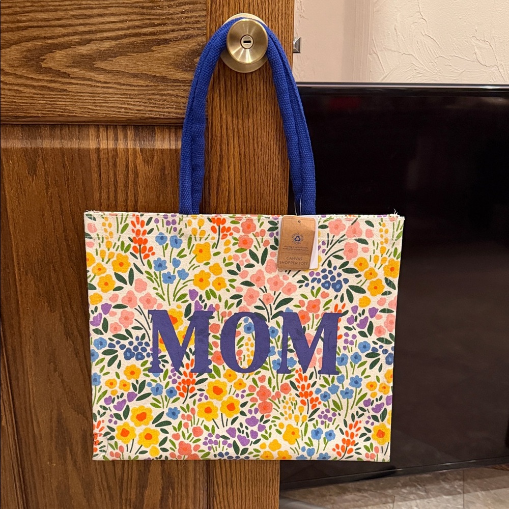 Source Unknown Floral 'MOM' Tote with Blue Handles